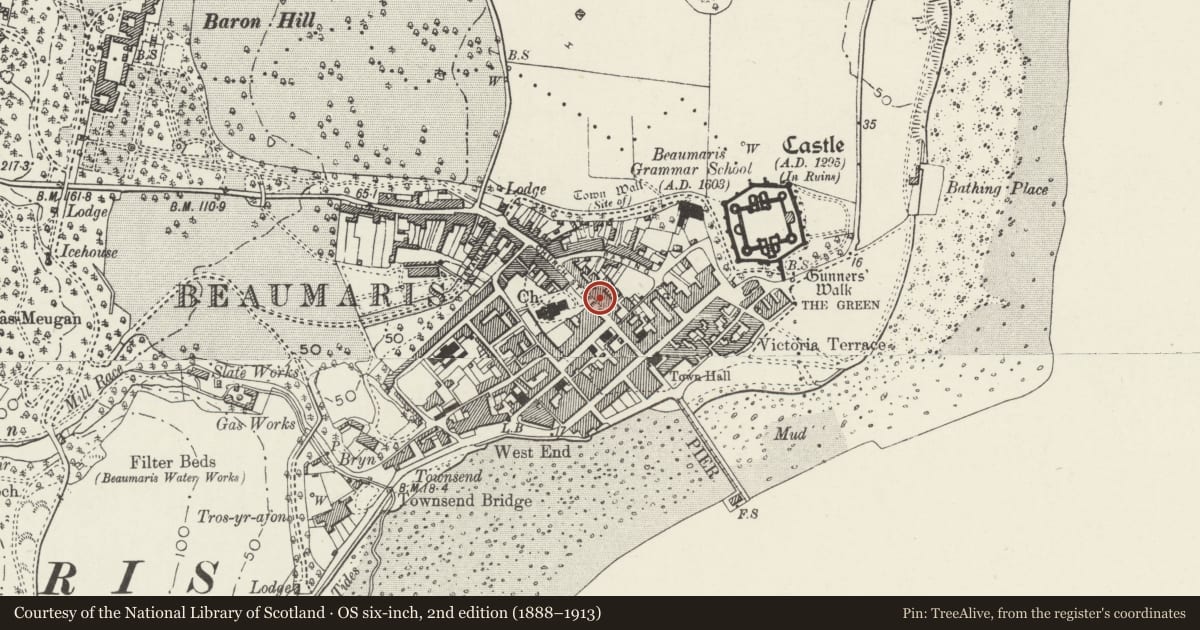 Ordnance Survey six-inch map, 2nd edition (1888–1913) covering the location of House and Joan Hopkin Estate Agent, Beaumaris, Isle of Anglesey, with a pin at the register's coordinates