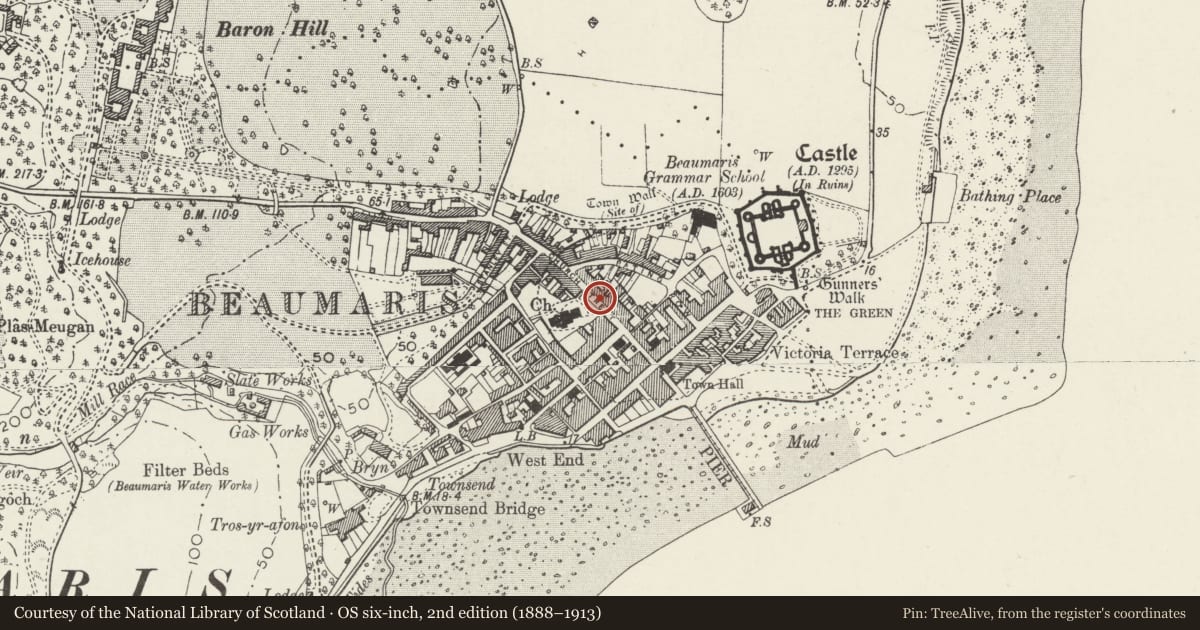 Ordnance Survey six-inch map, 2nd edition (1888–1913) covering the location of Squirrel Cottage, Beaumaris, Isle of Anglesey, with a pin at the register's coordinates
