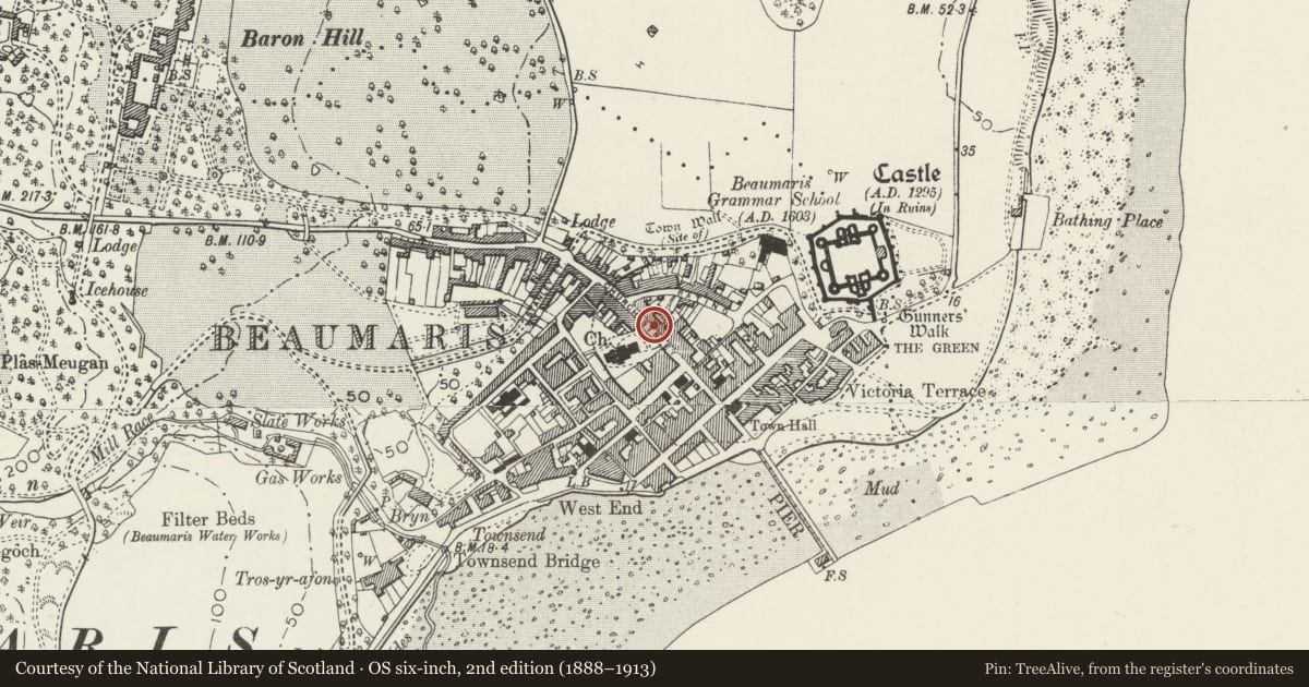 Ordnance Survey six-inch map, 2nd edition (1888–1913) covering the location of Church Bank, Beaumaris, Isle of Anglesey, with a pin at the register's coordinates