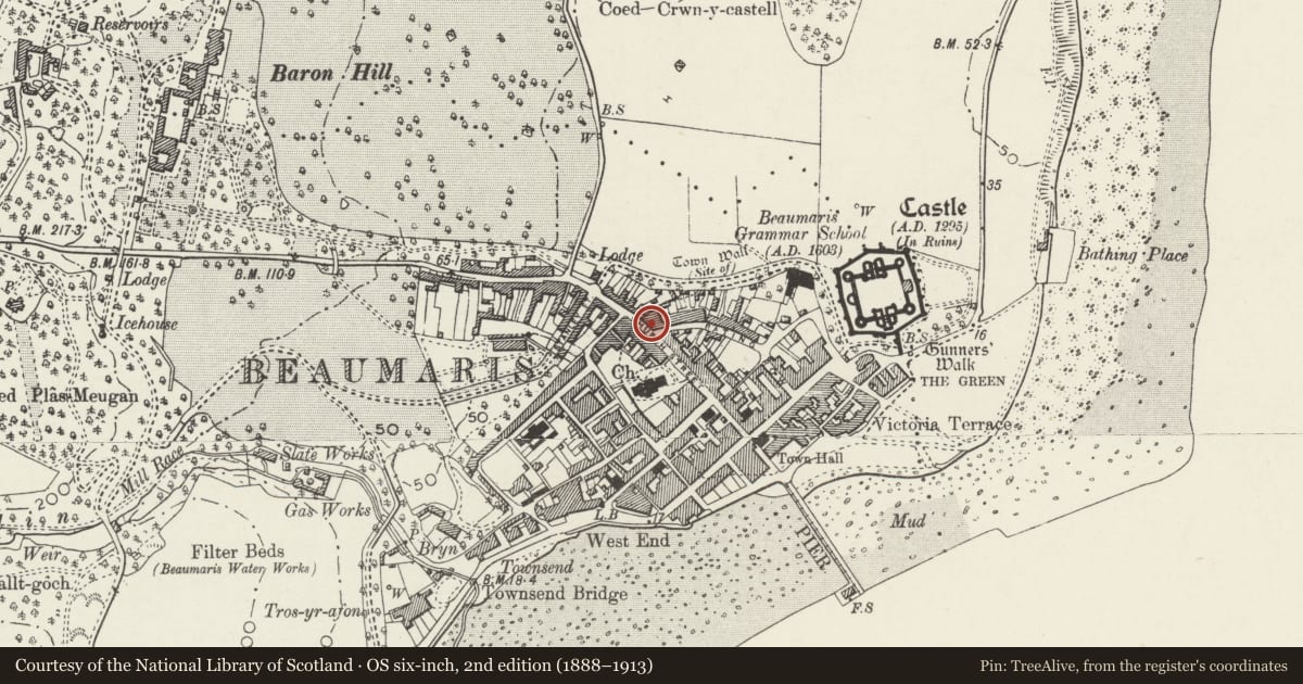 Ordnance Survey six-inch map, 2nd edition (1888–1913) covering the location of Victoria House, Beaumaris, Isle of Anglesey, with a pin at the register's coordinates