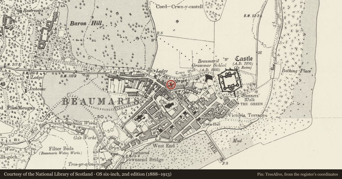 Ordnance Survey six-inch map, 2nd edition (1888–1913) covering the location of Remains of Medieval Town Wall, Beaumaris, Isle of Anglesey, with a pin at the register's coordinates