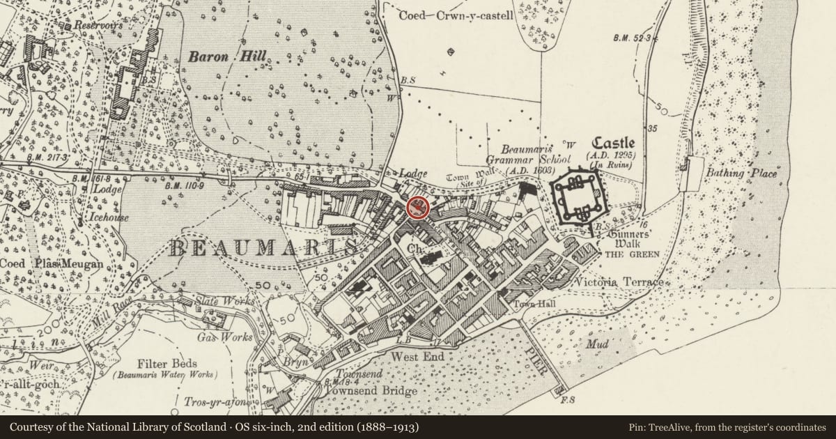 Ordnance Survey six-inch map, 2nd edition (1888–1913) covering the location of 48 Church Street, Beaumaris, Isle of Anglesey, with a pin at the register's coordinates