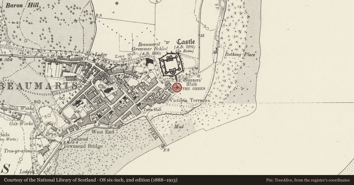 Ordnance Survey six-inch map, 2nd edition (1888–1913) covering the location of Royal Anglesey Yacht Club, Green Edge, Beaumaris, Isle of Anglesey, with a pin at the register's coordinates