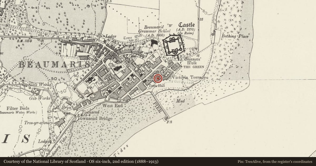 Ordnance Survey six-inch map, 2nd edition (1888–1913) covering the location of Chauntry House, Beaumaris, Isle of Anglesey, with a pin at the register's coordinates