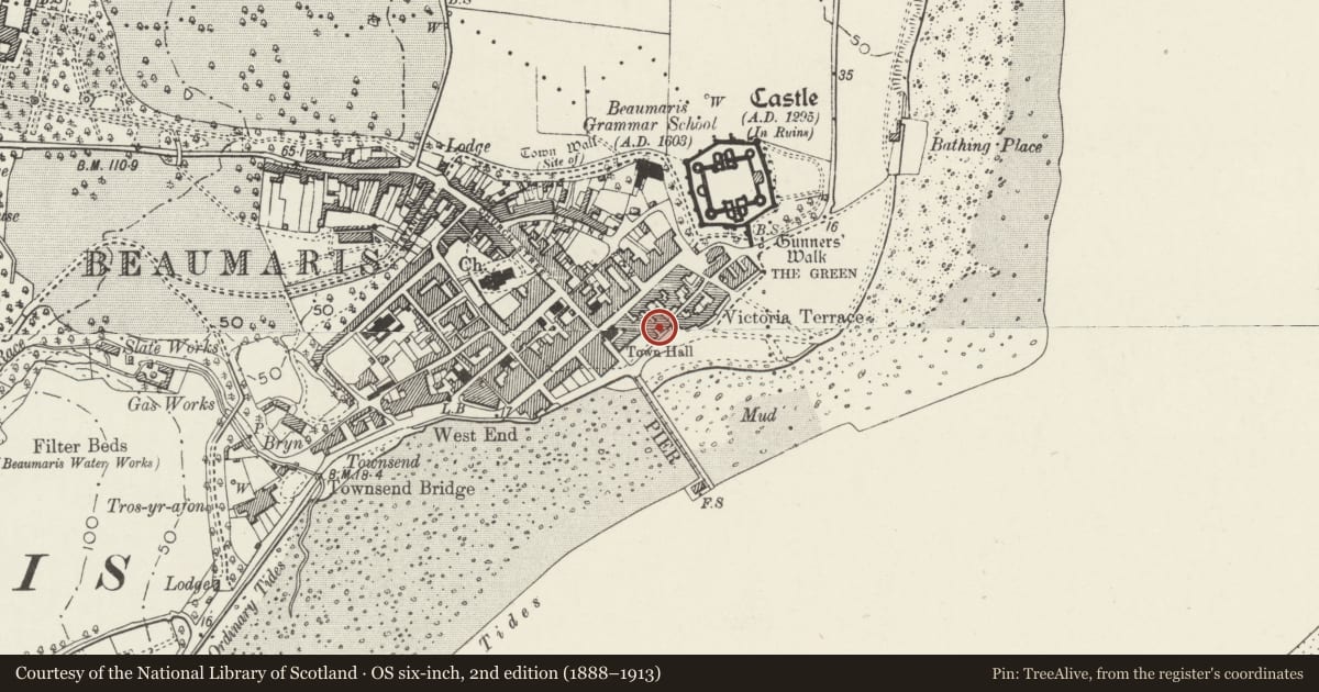 Ordnance Survey six-inch map, 2nd edition (1888–1913) covering the location of Gwynfa, Beaumaris, Isle of Anglesey, with a pin at the register's coordinates