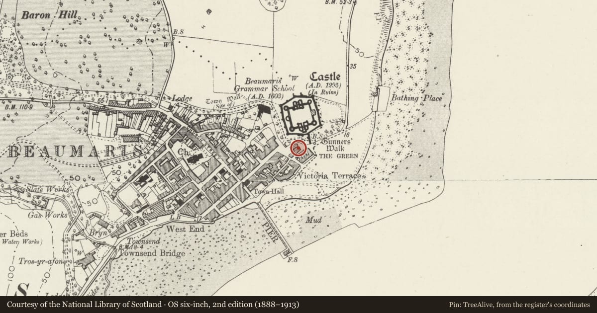 Ordnance Survey six-inch map, 2nd edition (1888–1913) covering the location of 3-4 Green Cottages, Beaumaris, Isle of Anglesey, with a pin at the register's coordinates