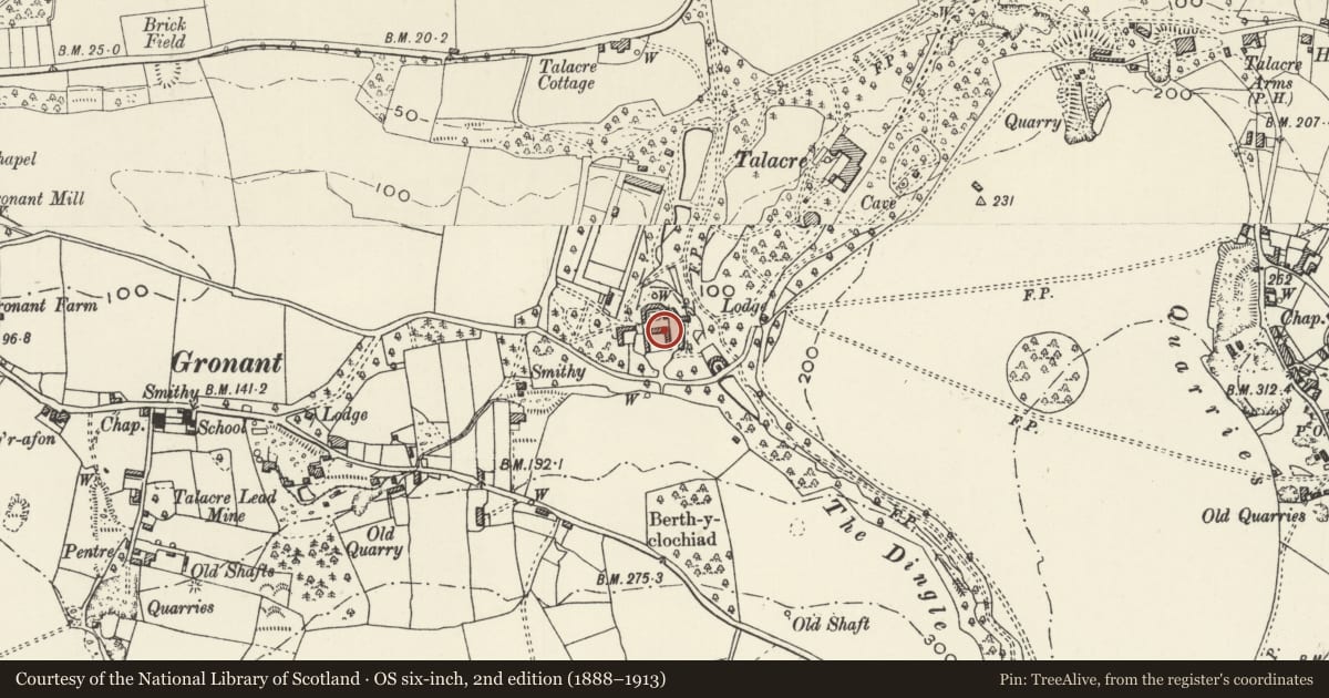 Ordnance Survey six-inch map, 2nd edition (1888–1913) covering the location of Home Farm at Talacre Abbey, Llanasa, Flintshire, with a pin at the register's coordinates