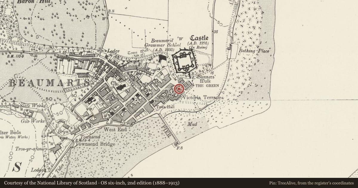 Ordnance Survey six-inch map, 2nd edition (1888–1913) covering the location of Victoria Cottage, Beaumaris, Isle of Anglesey, with a pin at the register's coordinates