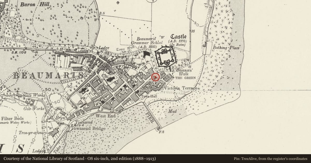 Ordnance Survey six-inch map, 2nd edition (1888–1913) covering the location of Tyn y Gongl Cottage, including attached boundary wall and gate piers, Beaumaris, Isle of Anglesey, with a pin at the register's coordinates