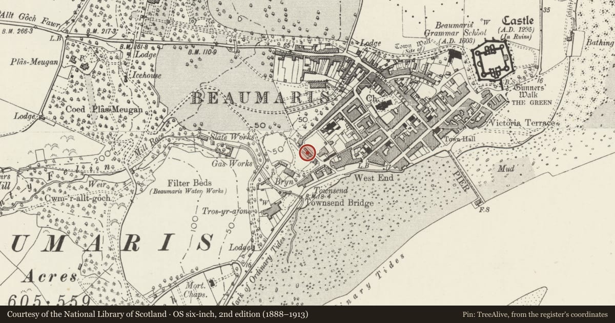 Ordnance Survey six-inch map, 2nd edition (1888–1913) covering the location of Dwyfor Cottage, Beaumaris, Isle of Anglesey, with a pin at the register's coordinates