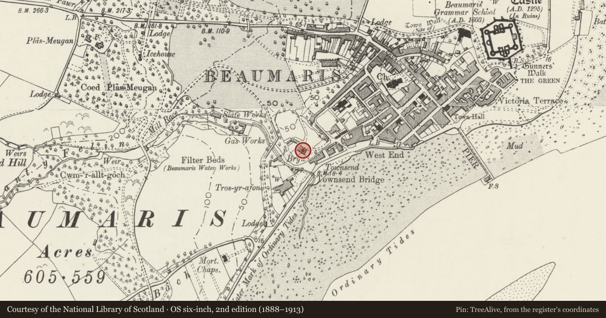 Ordnance Survey six-inch map, 2nd edition (1888–1913) covering the location of The Bryn, Beaumaris, Isle of Anglesey, with a pin at the register's coordinates