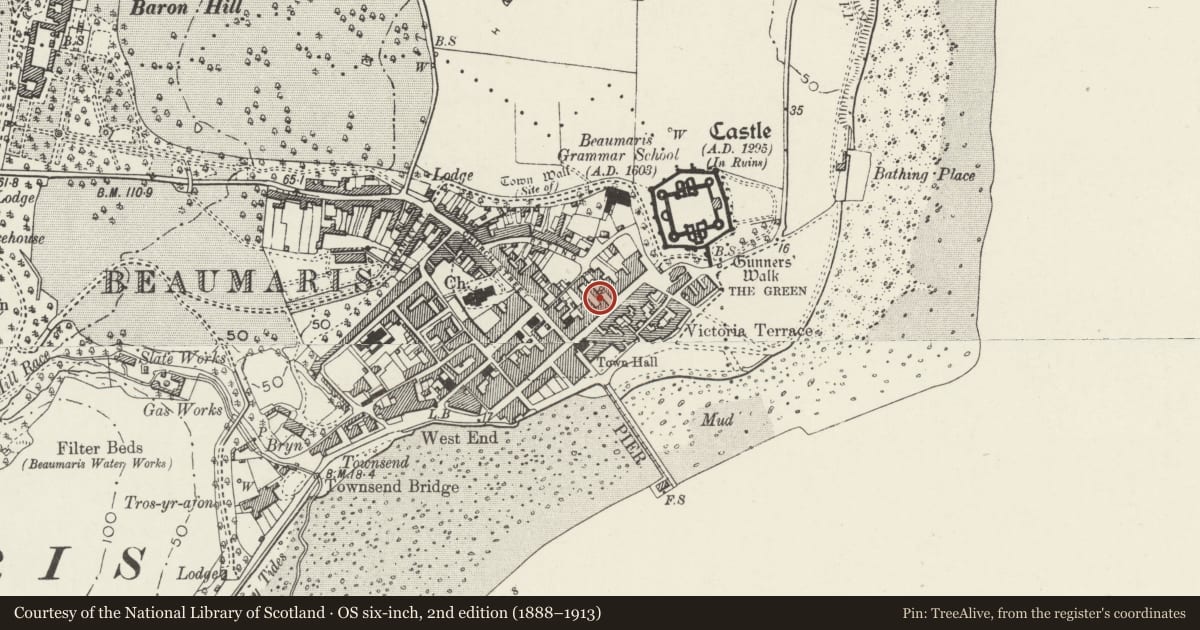 Ordnance Survey six-inch map, 2nd edition (1888–1913) covering the location of Former stables of Old Bull's Head Inn, Beaumaris, Isle of Anglesey, with a pin at the register's coordinates