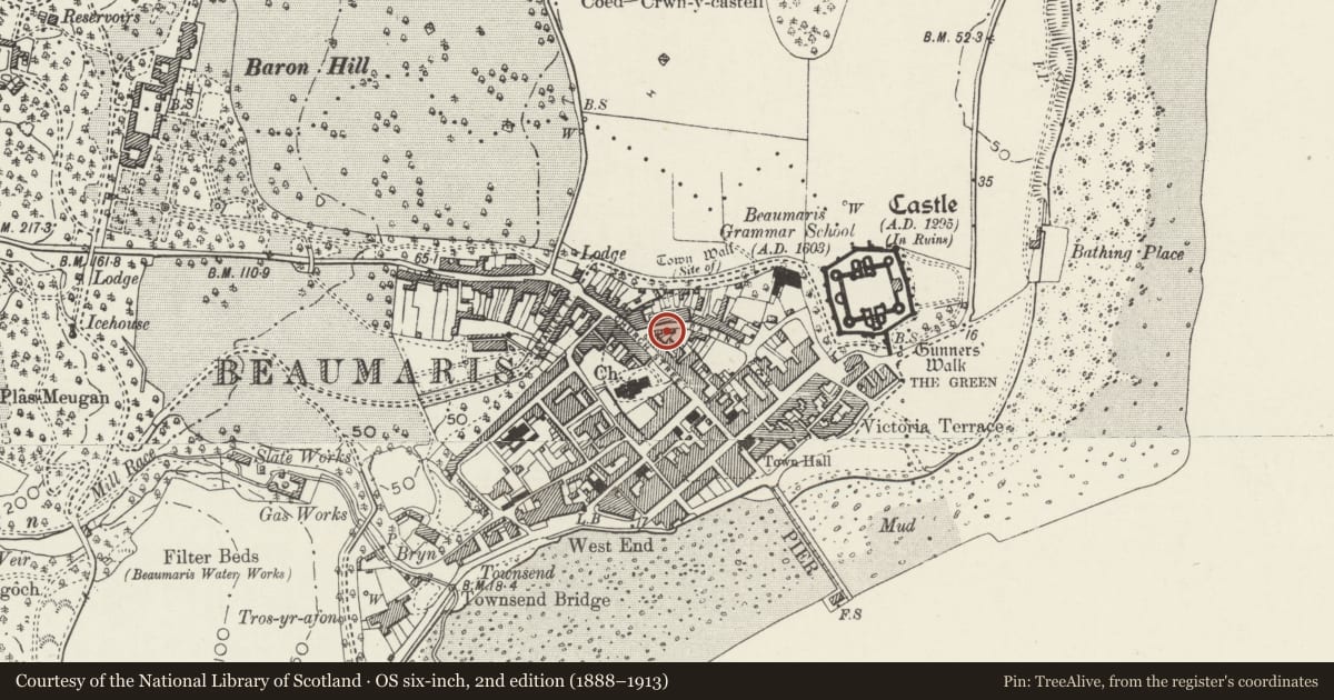 Ordnance Survey six-inch map, 2nd edition (1888–1913) covering the location of Fair View, Beaumaris, Isle of Anglesey, with a pin at the register's coordinates