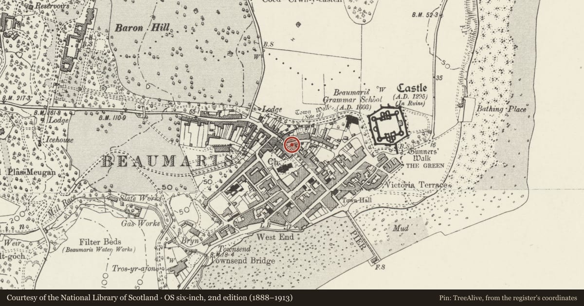 Ordnance Survey six-inch map, 2nd edition (1888–1913) covering the location of Ty Abel, Beaumaris, Isle of Anglesey, with a pin at the register's coordinates