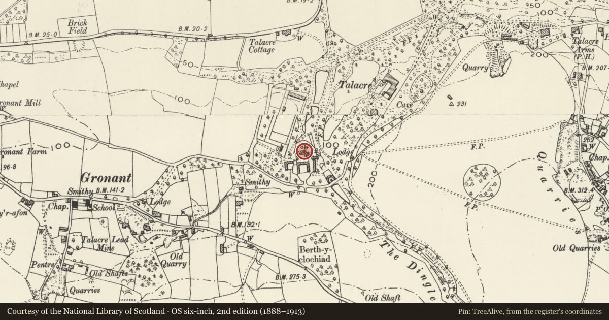 Ordnance Survey six-inch map, 2nd edition (1888–1913) covering the location of Stable block at Home Farm, Llanasa, Flintshire, with a pin at the register's coordinates