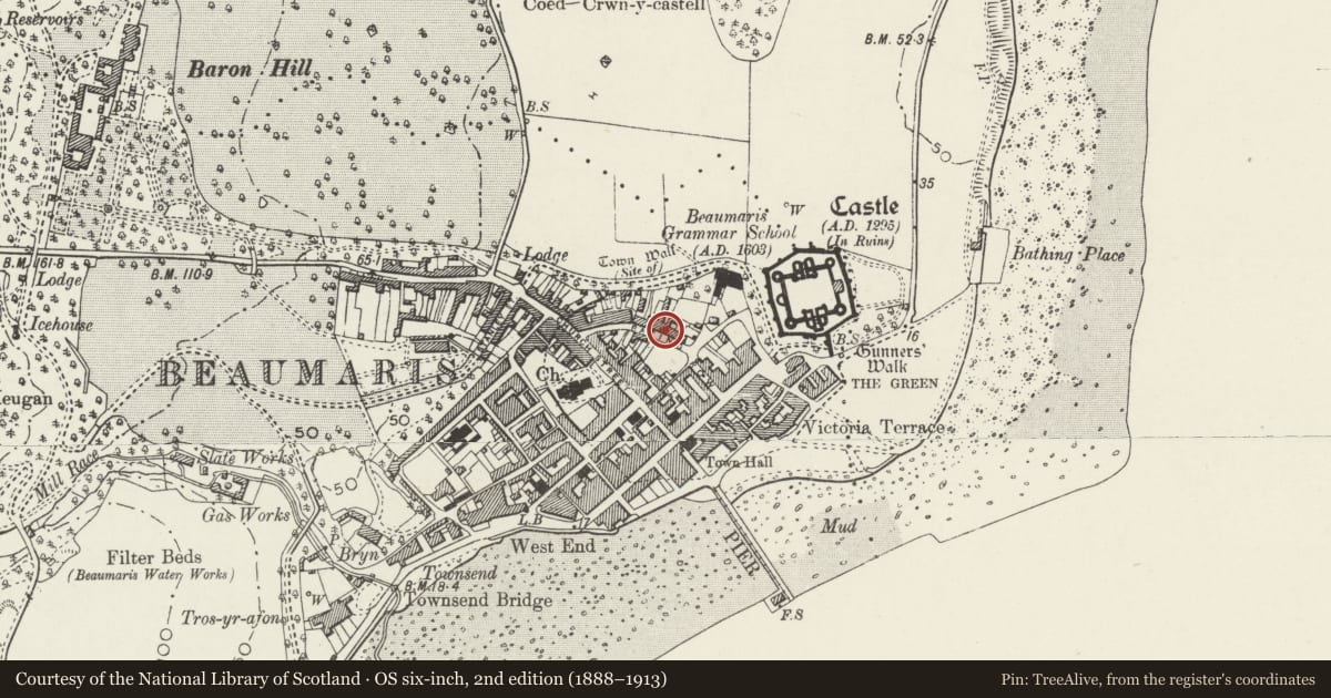 Ordnance Survey six-inch map, 2nd edition (1888–1913) covering the location of Plas Hyfryd, Beaumaris, Isle of Anglesey, with a pin at the register's coordinates