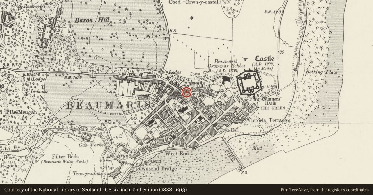 Ordnance Survey six-inch map, 2nd edition (1888–1913) covering the location of 40 Rating Row, Beaumaris, Isle of Anglesey, with a pin at the register's coordinates