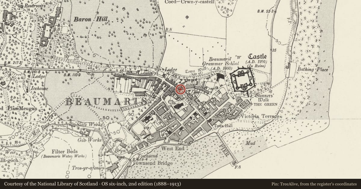Ordnance Survey six-inch map, 2nd edition (1888–1913) covering the location of 42 Rating Row, Beaumaris, Isle of Anglesey, with a pin at the register's coordinates
