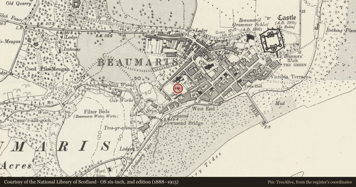 Ordnance Survey six-inch map, 2nd edition (1888–1913) covering the location of Summerhill, Beaumaris, Isle of Anglesey, with a pin at the register's coordinates