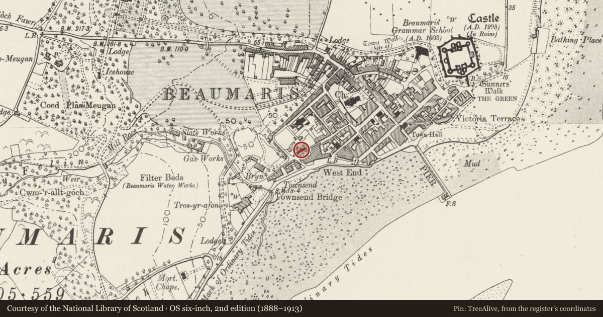 Ordnance Survey six-inch map, 2nd edition (1888–1913) covering the location of The Old Barracks, Beaumaris, Isle of Anglesey, with a pin at the register's coordinates