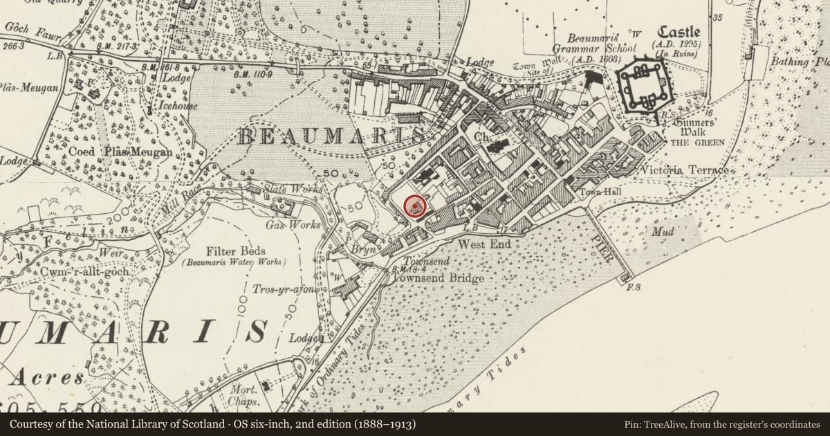 Ordnance Survey six-inch map, 2nd edition (1888–1913) covering the location of The Hermitage, Beaumaris, Isle of Anglesey, with a pin at the register's coordinates