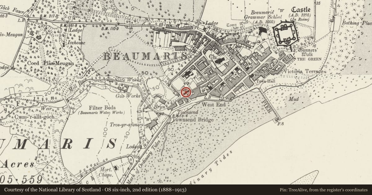 Ordnance Survey six-inch map, 2nd edition (1888–1913) covering the location of Doorway at entrance to The Hermitage, Beaumaris, Isle of Anglesey, with a pin at the register's coordinates