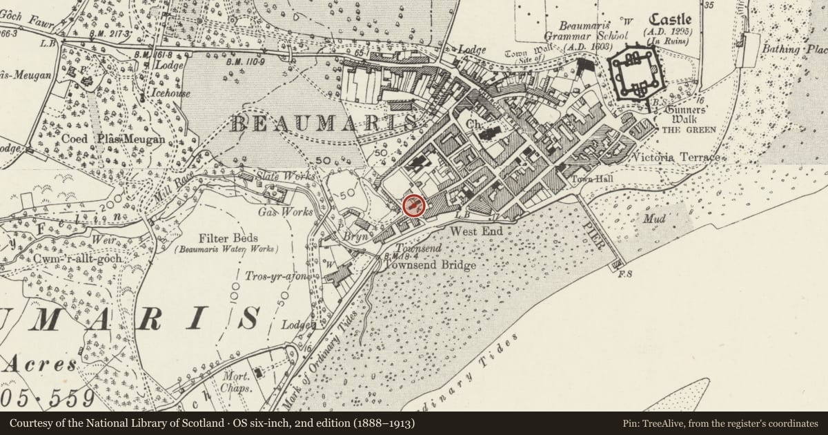 Ordnance Survey six-inch map, 2nd edition (1888–1913) covering the location of Hermitage Cottage, Beaumaris, Isle of Anglesey, with a pin at the register's coordinates
