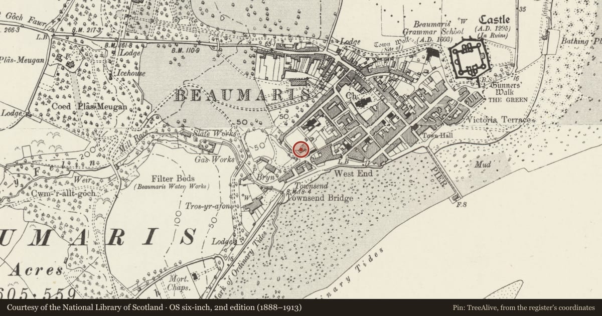 Ordnance Survey six-inch map, 2nd edition (1888–1913) covering the location of The Orchard, Beaumaris, Isle of Anglesey, with a pin at the register's coordinates
