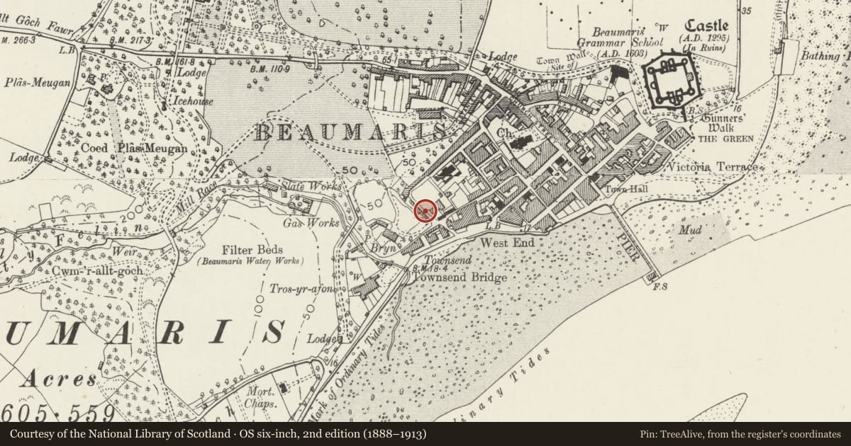 Ordnance Survey six-inch map, 2nd edition (1888–1913) covering the location of Doorway at entrance to the Orchard, Beaumaris, Isle of Anglesey, with a pin at the register's coordinates