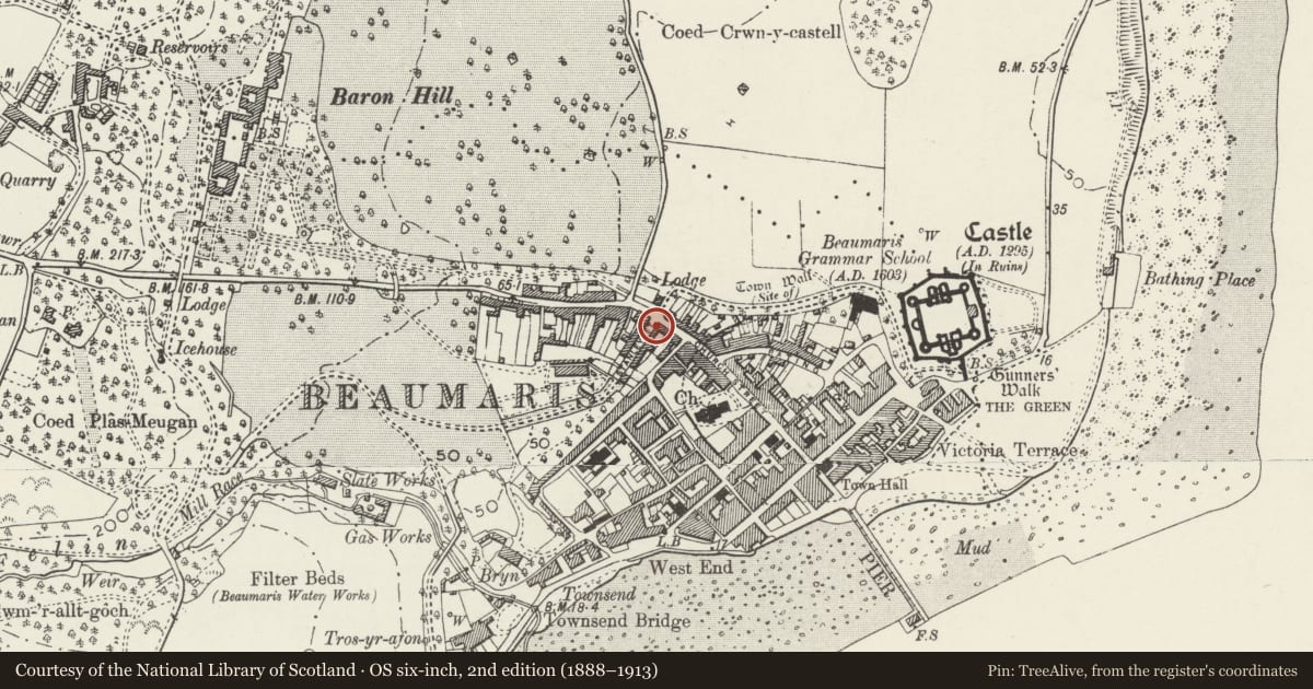 Ordnance Survey six-inch map, 2nd edition (1888–1913) covering the location of 1 Stanley Street, Beaumaris, Isle of Anglesey, with a pin at the register's coordinates