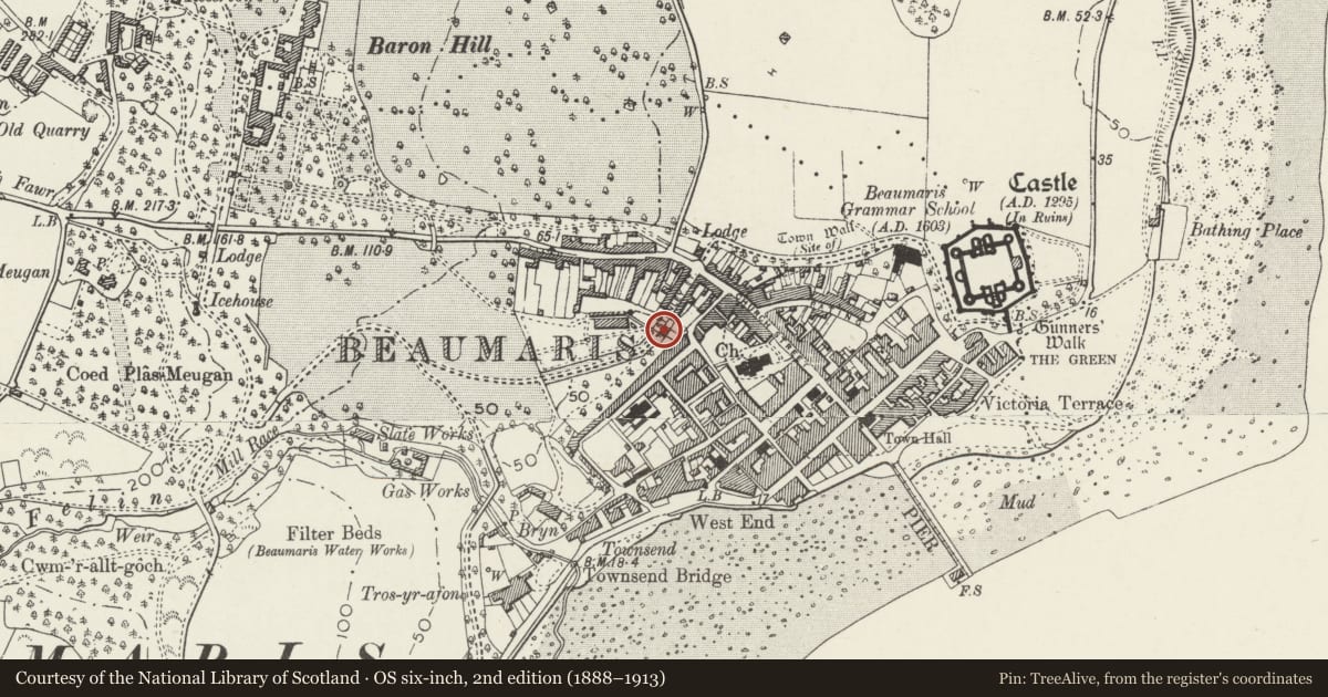 Ordnance Survey six-inch map, 2nd edition (1888–1913) covering the location of 12 Stanley Street, Beaumaris, Isle of Anglesey, with a pin at the register's coordinates