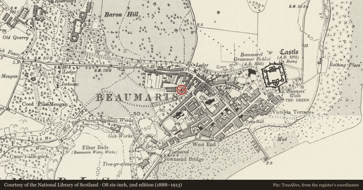 Ordnance Survey six-inch map, 2nd edition (1888–1913) covering the location of Gate piers and flanking walls at SW end of Stanley Street, Beaumaris, Isle of Anglesey, with a pin at the register's coordinates
