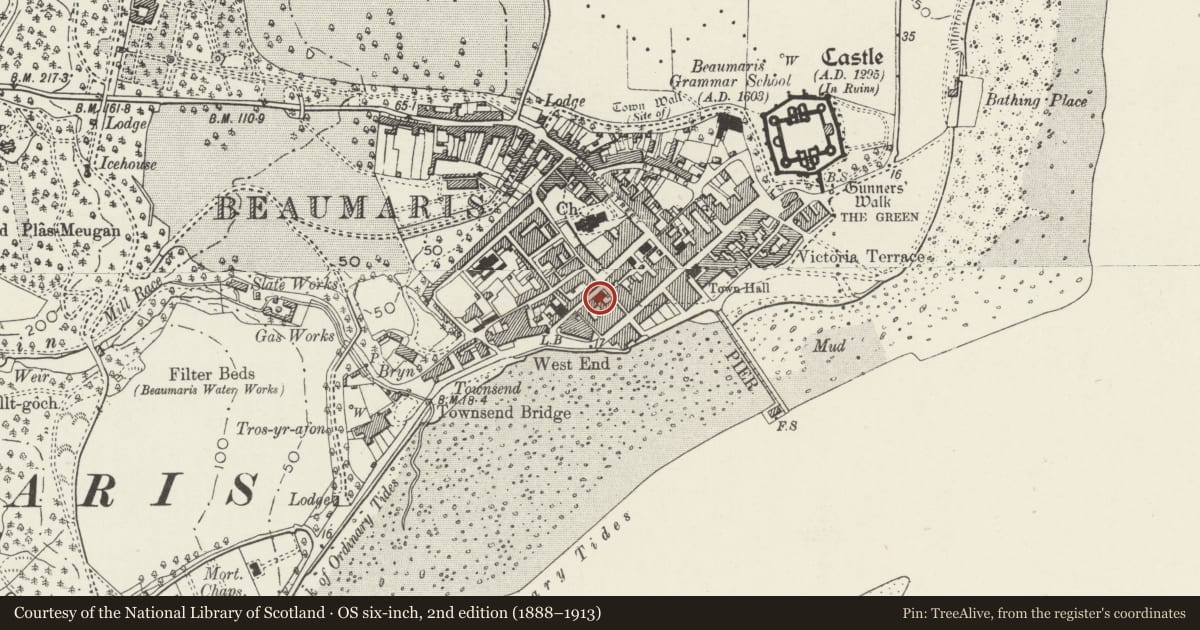 Ordnance Survey six-inch map, 2nd edition (1888–1913) covering the location of Former Capel Seion, Beaumaris, Isle of Anglesey, with a pin at the register's coordinates