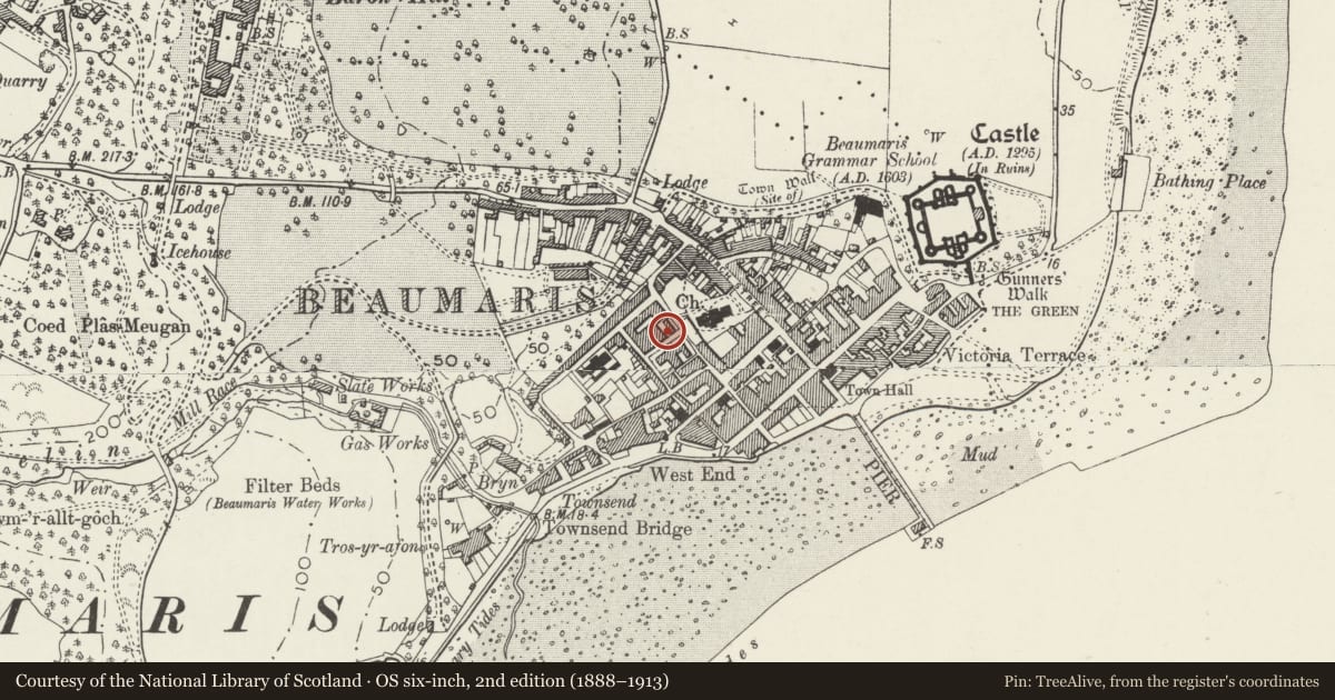 Ordnance Survey six-inch map, 2nd edition (1888–1913) covering the location of 7 Steeple Lane, Beaumaris, Isle of Anglesey, with a pin at the register's coordinates