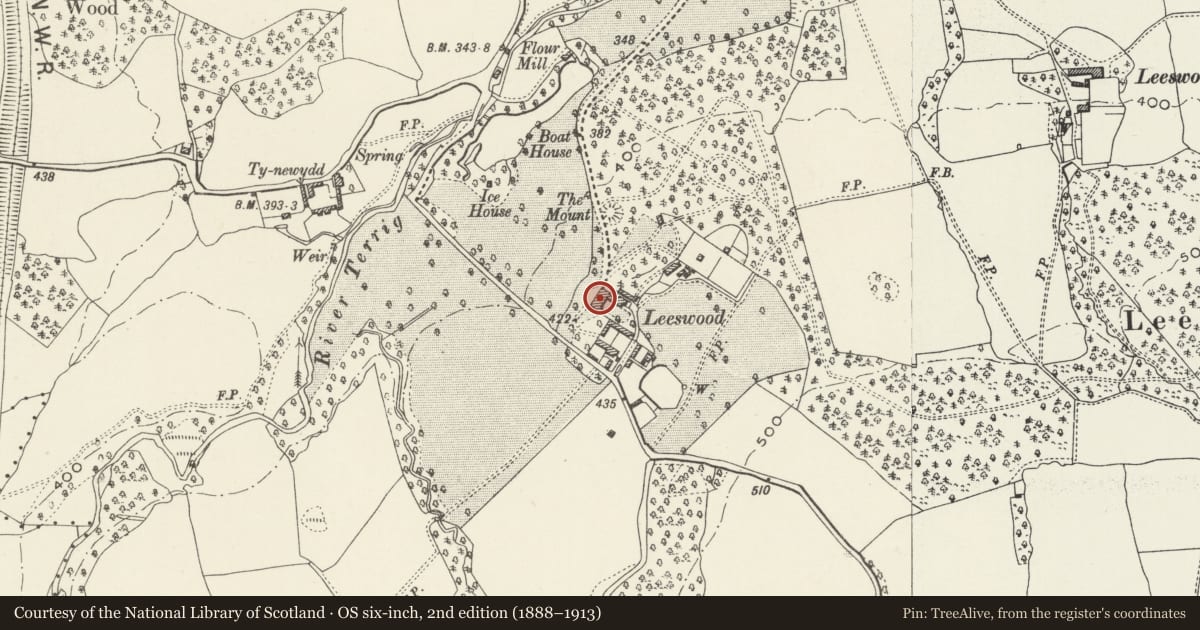 Ordnance Survey six-inch map, 2nd edition (1888–1913) covering the location of Leeswood Hall, Leeswood and Pontblyddyn, Flintshire, with a pin at the register's coordinates