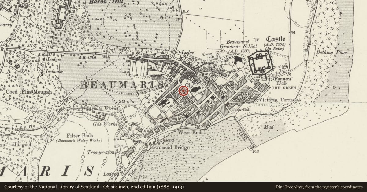 Ordnance Survey six-inch map, 2nd edition (1888–1913) covering the location of Revetment, railings and steps in front of former National School, Beaumaris, Isle of Anglesey, with a pin at the register's coordinates