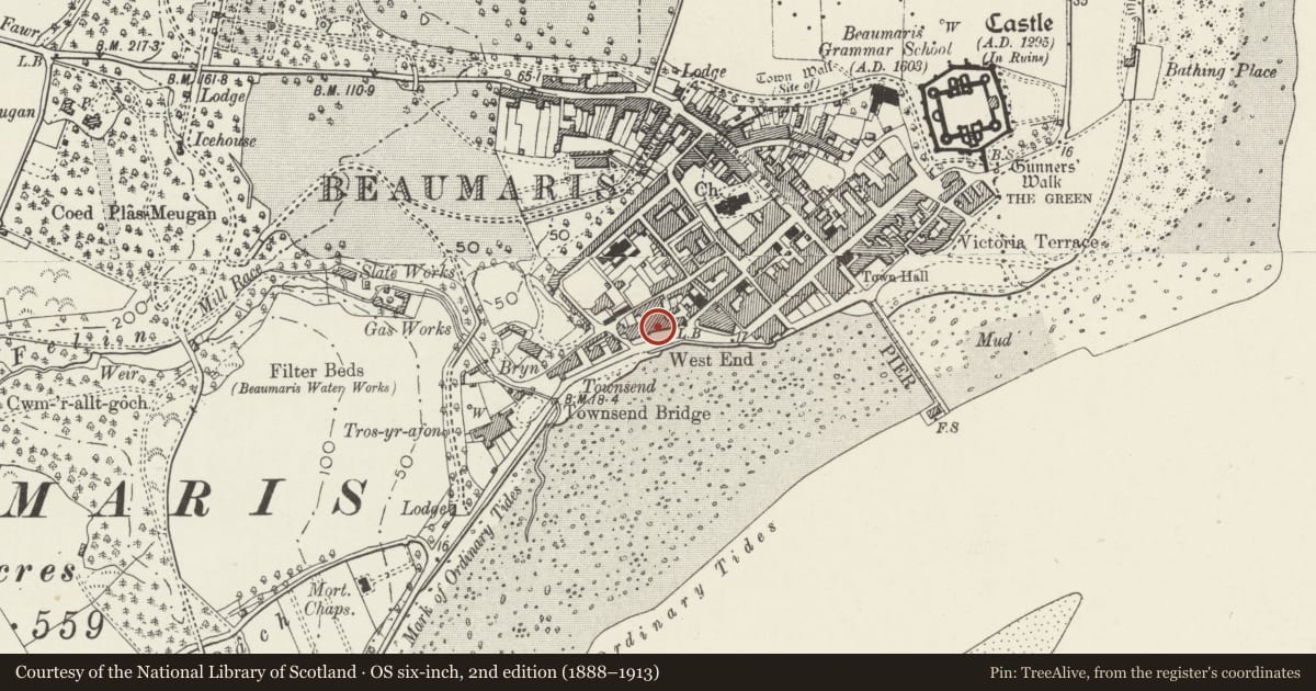 Ordnance Survey six-inch map, 2nd edition (1888–1913) covering the location of Ty Anne, Beaumaris, Isle of Anglesey, with a pin at the register's coordinates