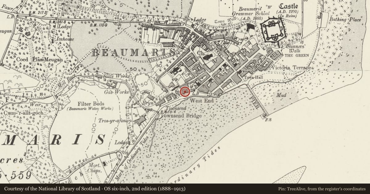 Ordnance Survey six-inch map, 2nd edition (1888–1913) covering the location of Pilot House, Beaumaris, Isle of Anglesey, with a pin at the register's coordinates