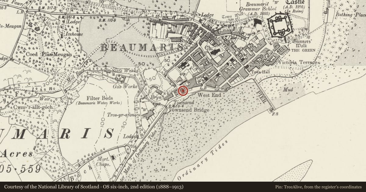 Ordnance Survey six-inch map, 2nd edition (1888–1913) covering the location of Llwyn Celyn, Beaumaris, Isle of Anglesey, with a pin at the register's coordinates