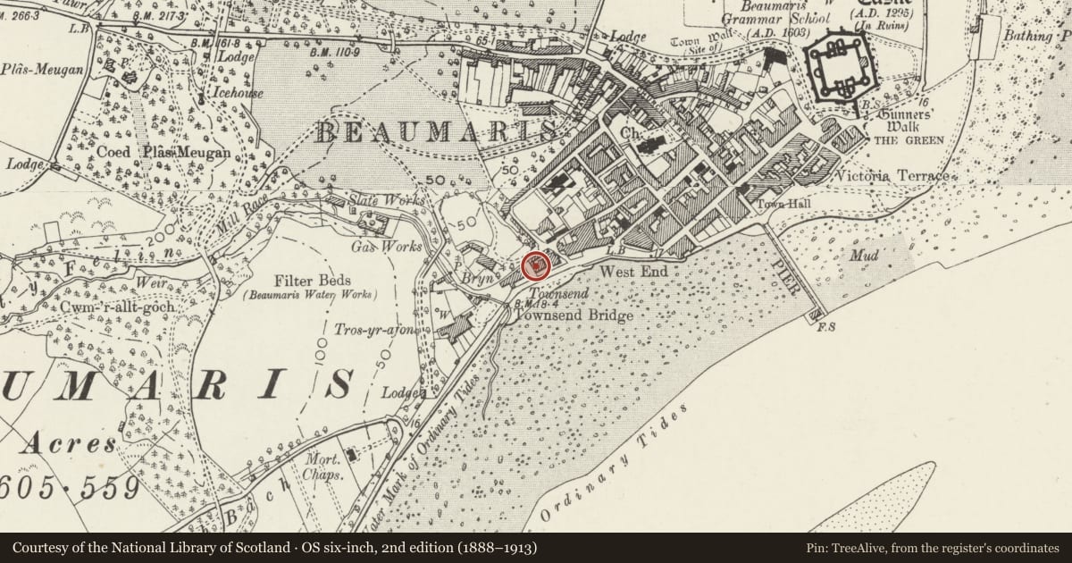 Ordnance Survey six-inch map, 2nd edition (1888–1913) covering the location of Cleifiog, Beaumaris, Isle of Anglesey, with a pin at the register's coordinates