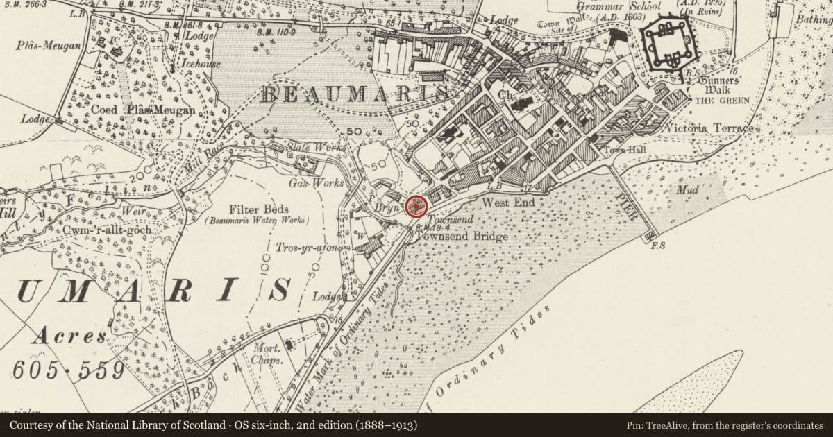 Ordnance Survey six-inch map, 2nd edition (1888–1913) covering the location of Plas Maelog, Beaumaris, Isle of Anglesey, with a pin at the register's coordinates