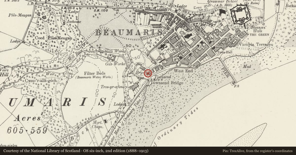 Ordnance Survey six-inch map, 2nd edition (1888–1913) covering the location of Porth Hir, Beaumaris, Isle of Anglesey, with a pin at the register's coordinates