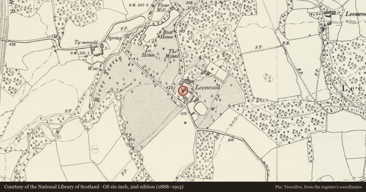 Ordnance Survey six-inch map, 2nd edition (1888–1913) covering the location of U-shaped Former Stable Blocks and Attached Walls at Leeswood Hall, Leeswood and Pontblyddyn, Flintshire, with a pin at the register's coordinates