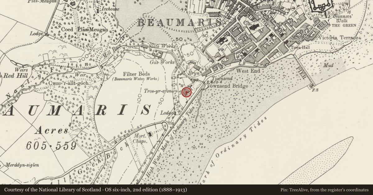 Ordnance Survey six-inch map, 2nd edition (1888–1913) covering the location of 3 Tros yr Afon, Beaumaris, Isle of Anglesey, with a pin at the register's coordinates
