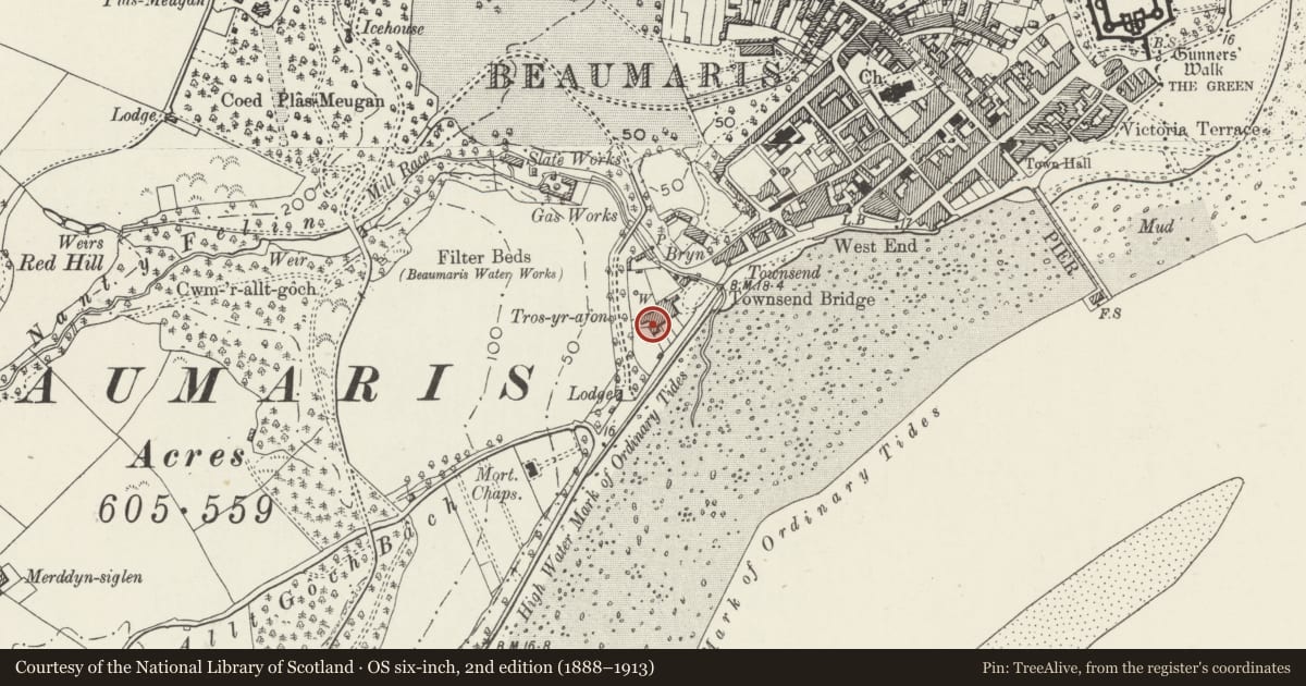 Ordnance Survey six-inch map, 2nd edition (1888–1913) covering the location of 4 Tros yr Afon, Beaumaris, Isle of Anglesey, with a pin at the register's coordinates