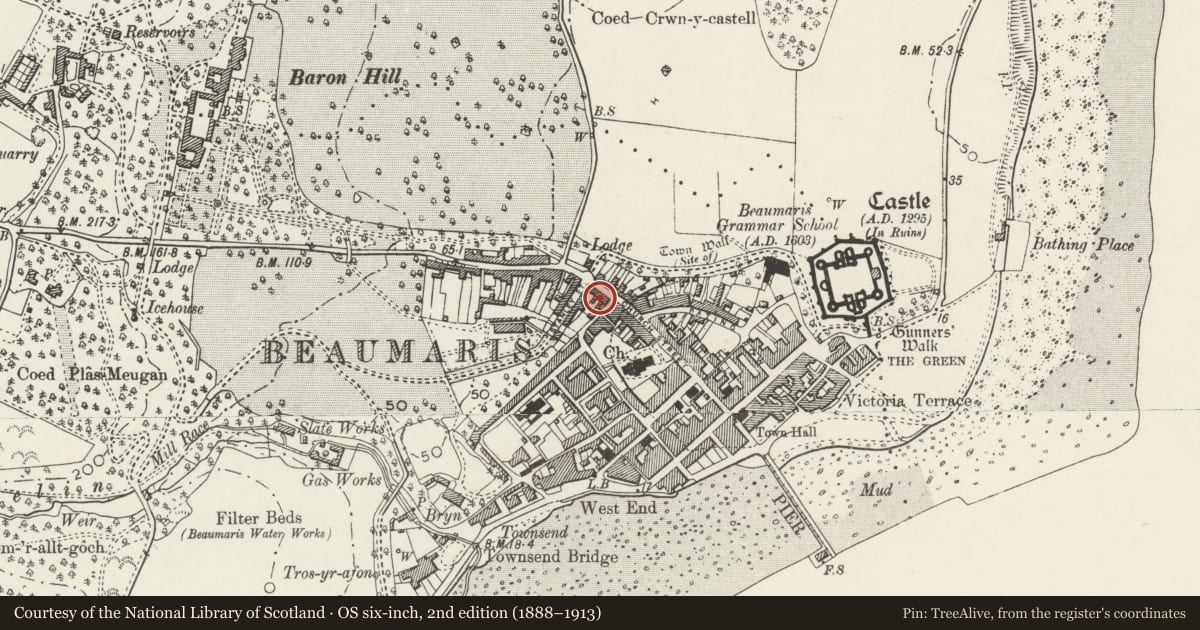 Ordnance Survey six-inch map, 2nd edition (1888–1913) covering the location of Steeple Corner, Beaumaris, Isle of Anglesey, with a pin at the register's coordinates