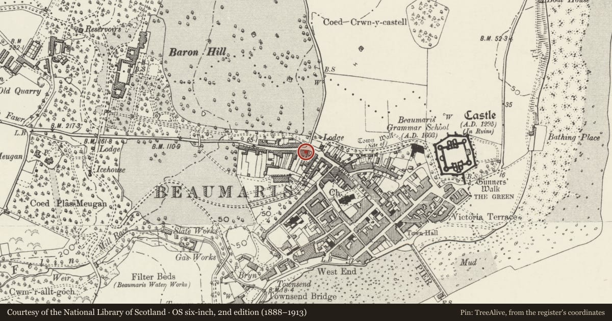 Ordnance Survey six-inch map, 2nd edition (1888–1913) covering the location of 13 Wexham Street, Beaumaris, Isle of Anglesey, with a pin at the register's coordinates