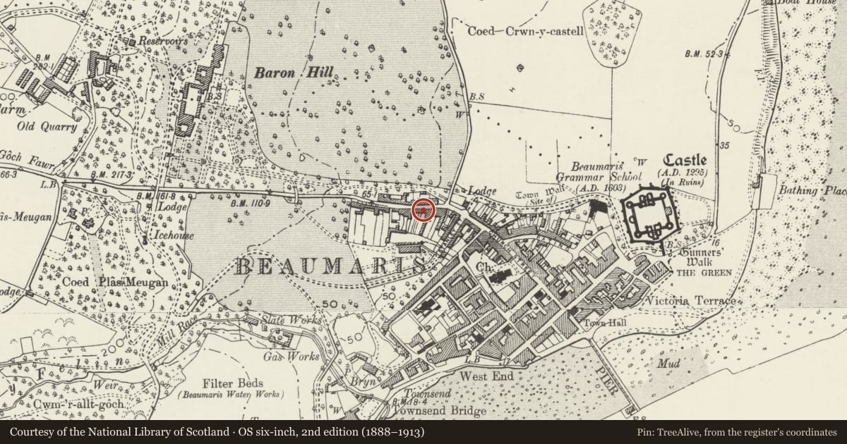Ordnance Survey six-inch map, 2nd edition (1888–1913) covering the location of 25 Wrexham Street, Beaumaris, Isle of Anglesey, with a pin at the register's coordinates