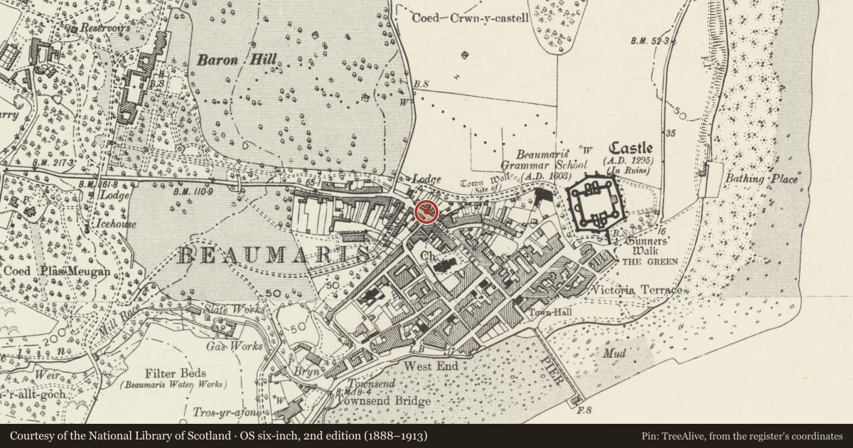 Ordnance Survey six-inch map, 2nd edition (1888–1913) covering the location of 2 Wexham Street, Beaumaris, Isle of Anglesey, with a pin at the register's coordinates