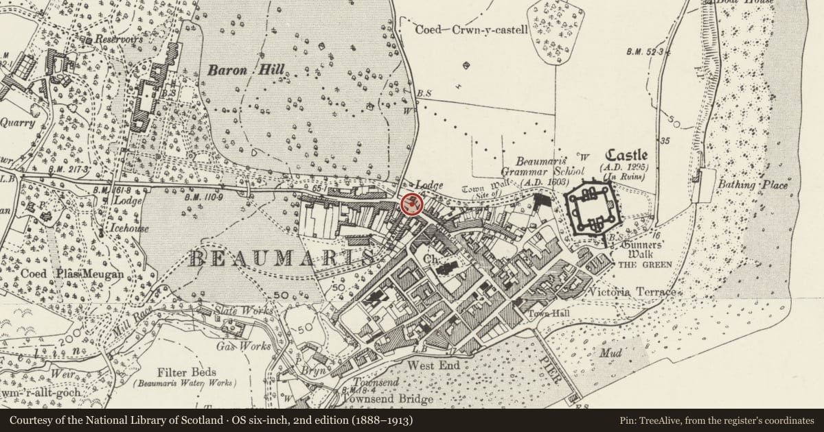 Ordnance Survey six-inch map, 2nd edition (1888–1913) covering the location of Gate piers, gates, railings and flanking walls opposite Stanley Street, Beaumaris, Isle of Anglesey, with a pin at the register's coordinates